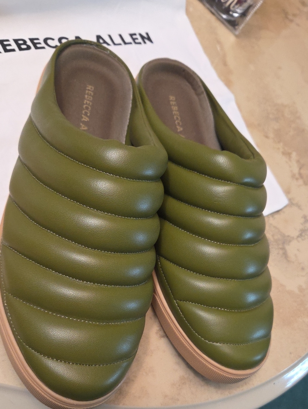 Rebecca Allen Olive Green Quilted Slip-On Mules